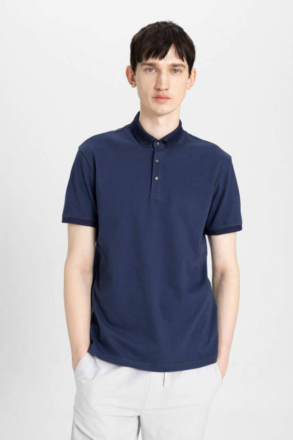 Slim Fit Basic Qisqa Yengli Polo Ko'ylak Ko'k - 4