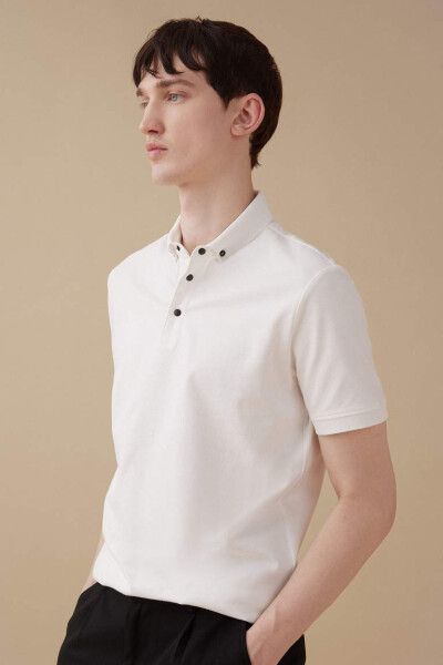 Slim Fit Basic Short Sleeve Polo Shirt Off White - 1