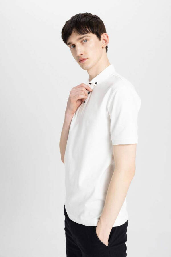 Slim Fit Basic Short Sleeve Polo Shirt Off White - 7