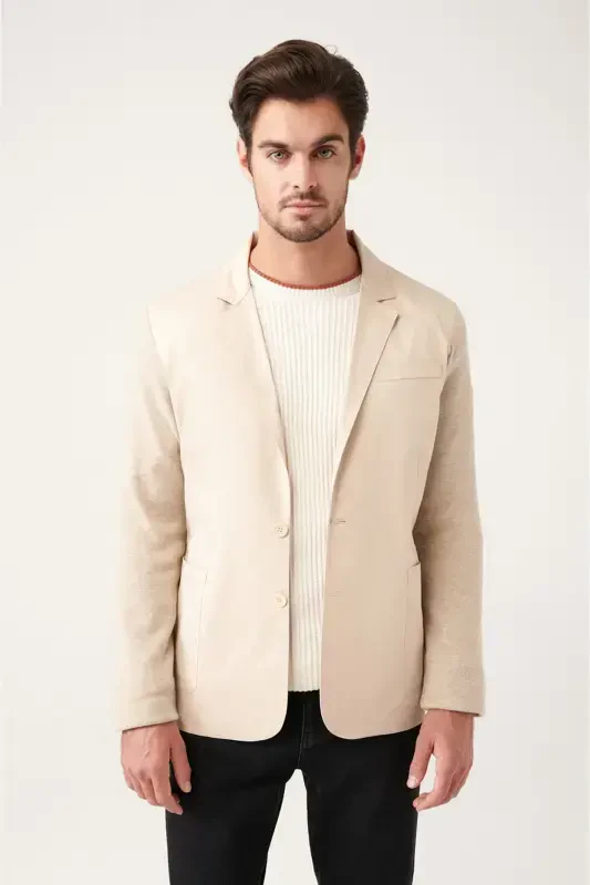 Slim fit, beige, single breasted, unlined, knitted detail jacket. - AVVA