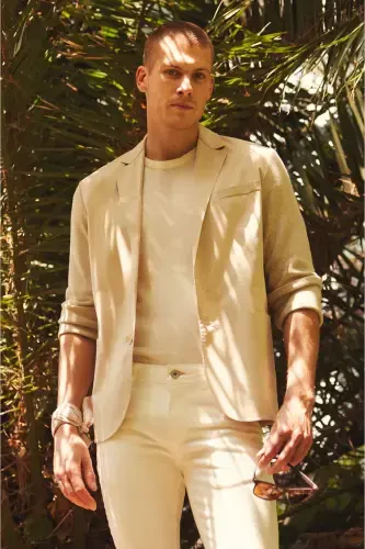 Slim fit, beige, single breasted, unlined, knitted detail jacket. - AVVA (1)