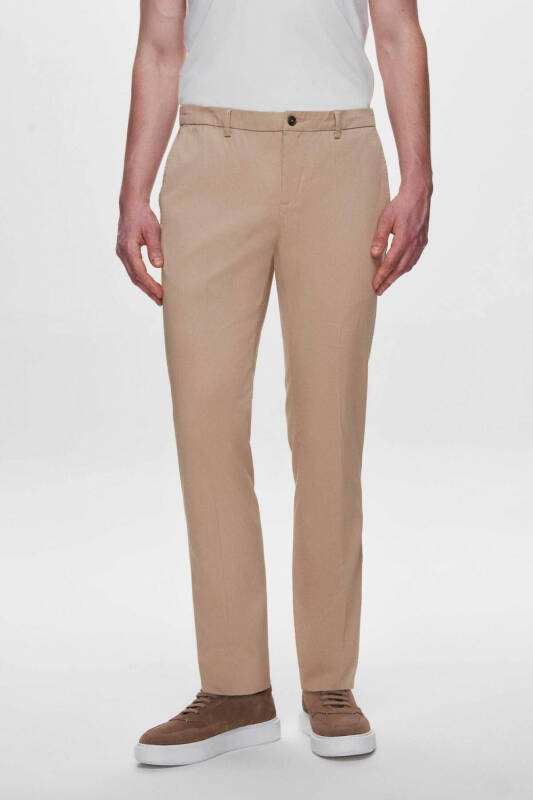 Slim Fit Bej Tencel-Pamuk Karışımlı Likralı Chino Pantolon - 1