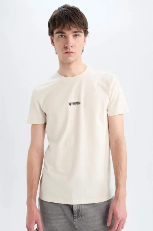 Slim Fit, bisiklet neck, printed, short sleeve t-shirt, sand color. - DEFACTO