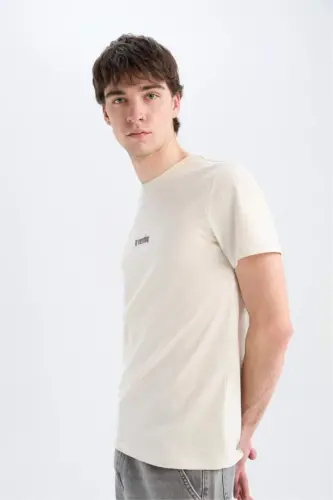 Slim Fit, bisiklet neck, printed, short sleeve t-shirt, sand color. - 3