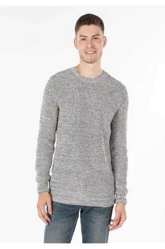 Slim Fit Yuvarlak Yaka Jakarlı Erkek Bej Kazak - 4