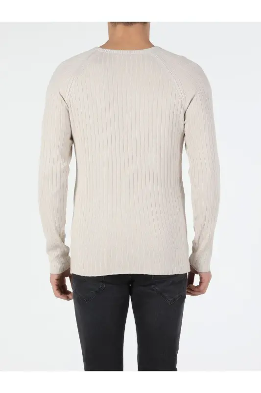 Slim Fit Yuvarlak Yaka Erkek Bej Kazak - 2