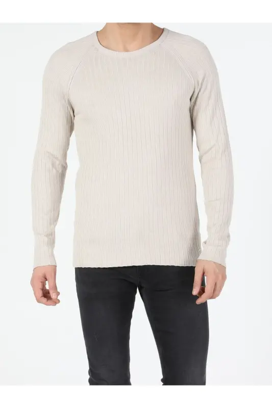 Slim Fit Yuvarlak Yaka Erkek Bej Kazak - 4