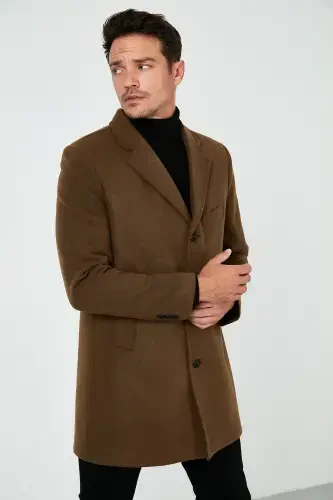 Slim fit, bitta ko'krak, tugmachali, shavkal yoqali, kashmir palto. Erkaklar paltosi. 5840098 - 3