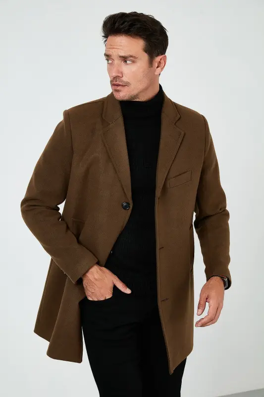 Slim fit, bitta ko'krak, tugmachali, shavkal yoqali, kashmir palto. Erkaklar paltosi. 5840098 - 2