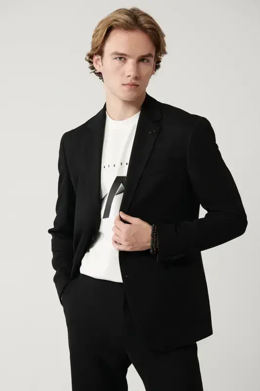 Slim fit, black, mono collar, lined, split, jersey fabric jacket. - AVVA