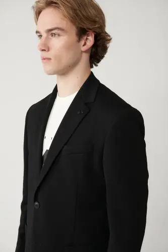 Slim fit, black, mono collar, lined, split, jersey fabric jacket. - AVVA (1)