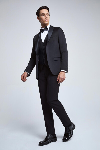 Slim Fit Black Plain Groom & Tuxedo Suit with Vest - 12