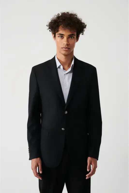 Slim fit, black, single breasted, pocket, lined, double vent men's jacket. - 3