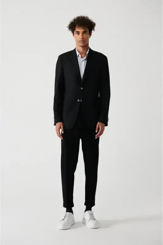 Slim fit, black, single breasted, pocket, lined, double vent men's jacket. - 5