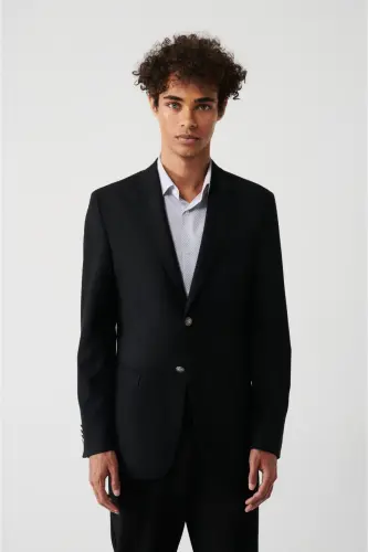 Slim fit, black, single breasted, pocket, lined, double vent men's jacket. - 3