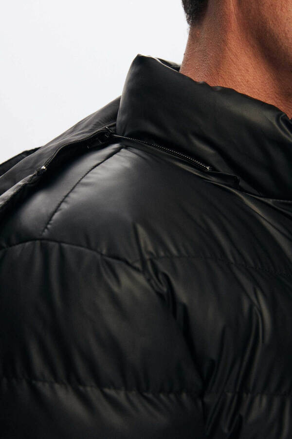 Slim Fit Black Water-Repellent Windproof Fiber-Filled Leather-Look Detachable Hooded Jacket - 32