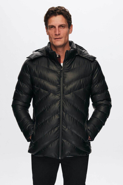 Slim Fit Black Water-Repellent Windproof Fiber-Filled Leather-Look Detachable Hooded Jacket - 15