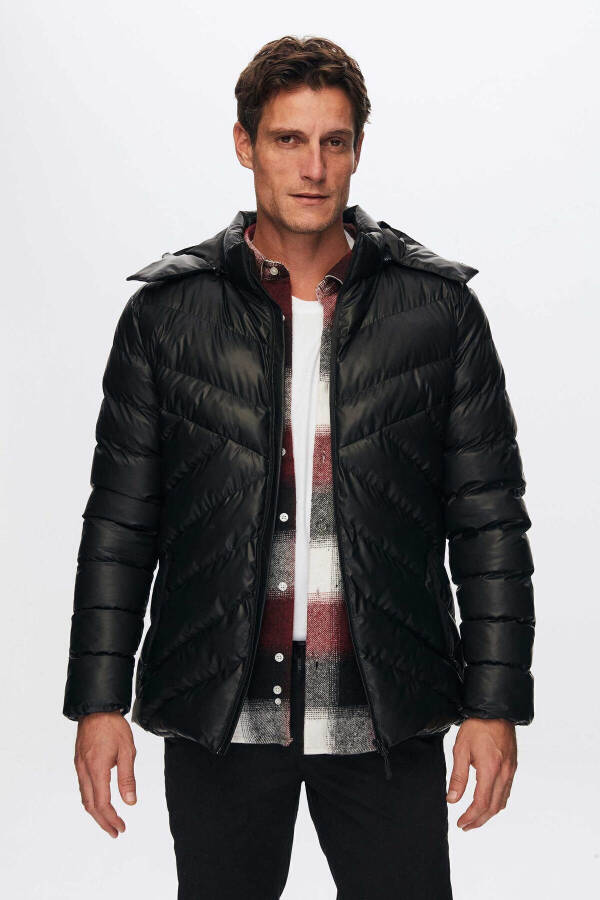 Slim Fit Black Water-Repellent Windproof Fiber-Filled Leather-Look Detachable Hooded Jacket - 16