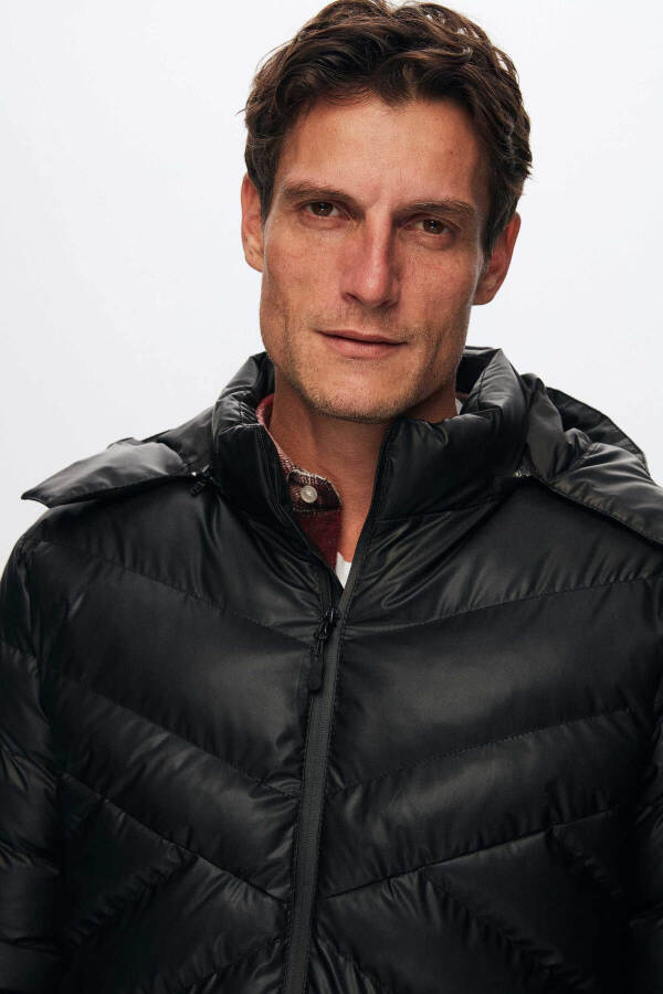 Slim Fit Black Water-Repellent Windproof Fiber-Filled Leather-Look Detachable Hooded Jacket - 3