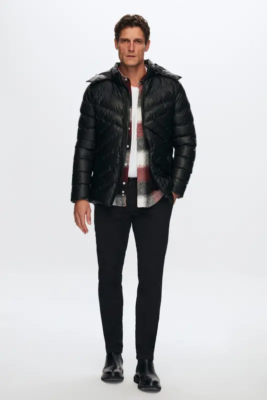Slim Fit Black Water-Repellent Windproof Fiber-Filled Leather-Look Detachable Hooded Jacket - 6