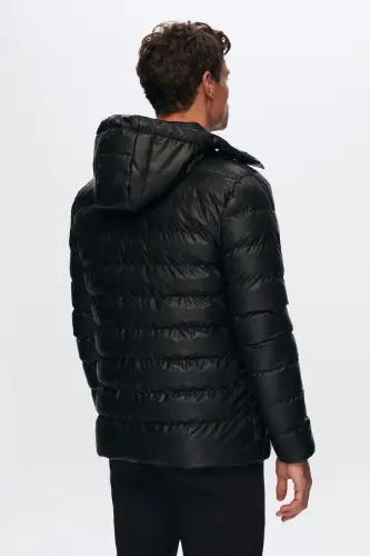 Slim Fit Black Water-Repellent Windproof Fiber-Filled Leather-Look Detachable Hooded Jacket - 7