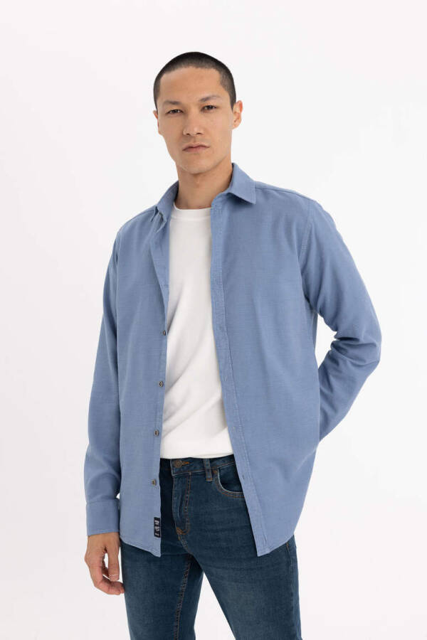 Slim Fit Blue Long Sleeve Cotton Shirt - 1