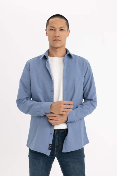 Slim Fit Blue Long Sleeve Cotton Shirt - 3