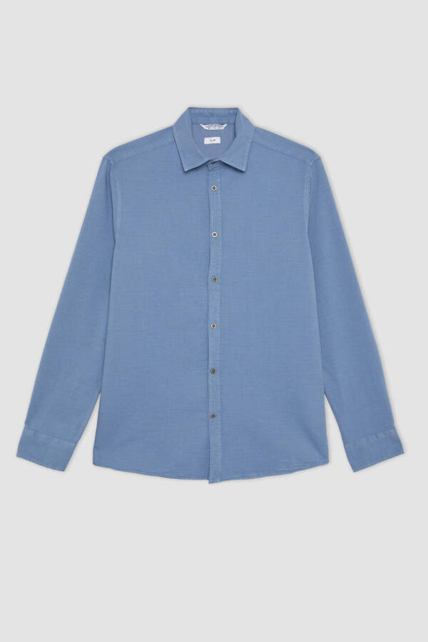 Slim Fit Blue Long Sleeve Cotton Shirt - 7