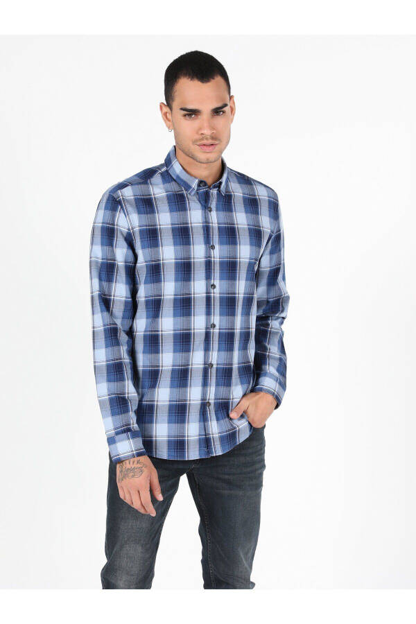 Slim fit, blue, long sleeve shirt for men - 1