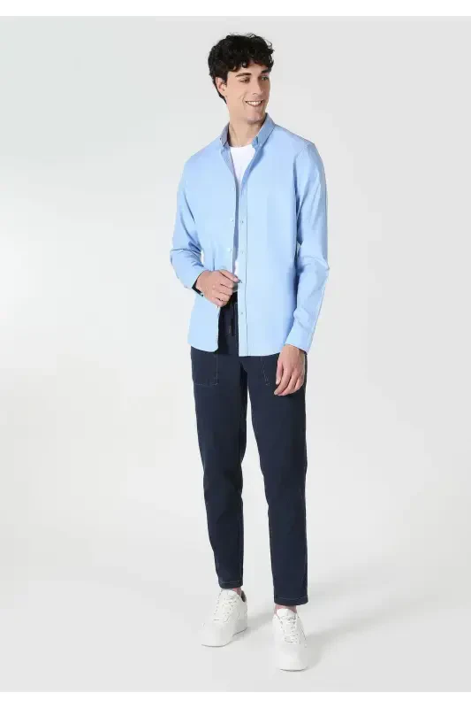 Slim Fit Blue Men's Long Sleeve Shirt - 3