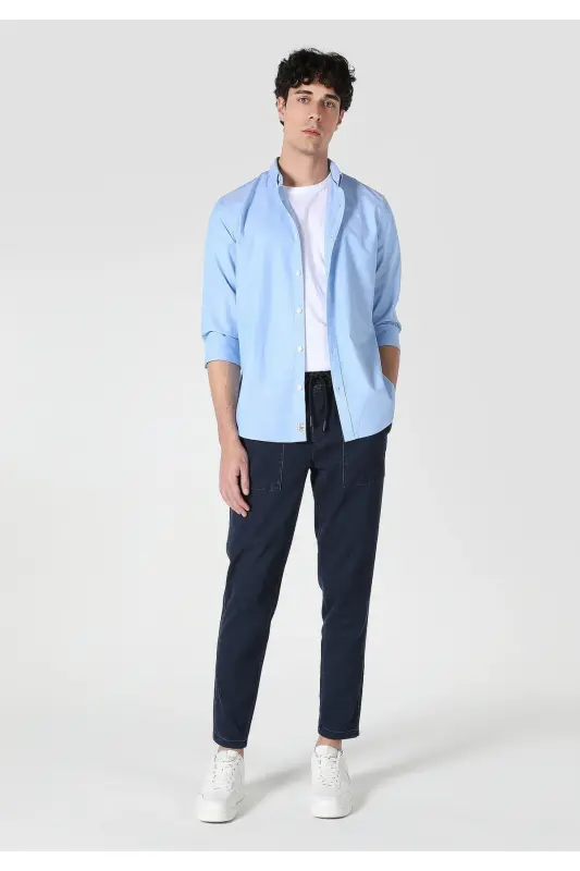 Slim Fit Blue Men's Long Sleeve Shirt - 2