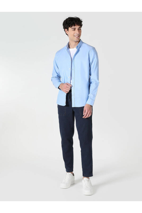 Slim Fit Blue Men's Long Sleeve Shirt - 4