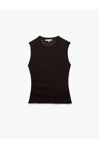 Slim Fit Блузка без рукавов с круглым вырезом и драпировкой - Кофе - 4
