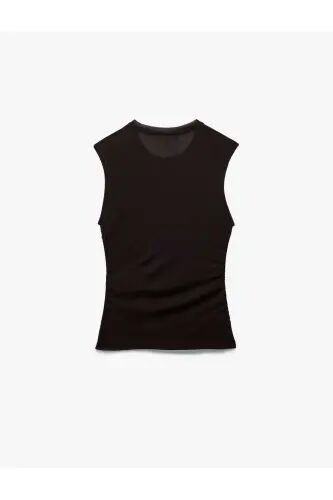 Slim Fit Блузка без рукавов с круглым вырезом и драпировкой - Кофе - 5