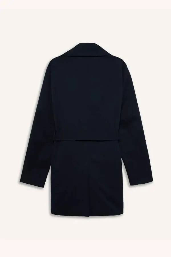 Slim Fit Buttoned Belted Trench Coat - Navy Blue - 1