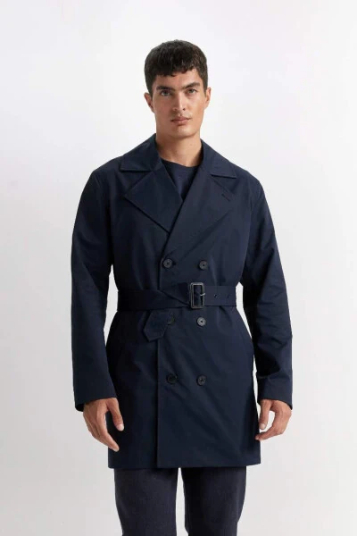 Slim Fit Buttoned Belted Trench Coat - Navy Blue - 4