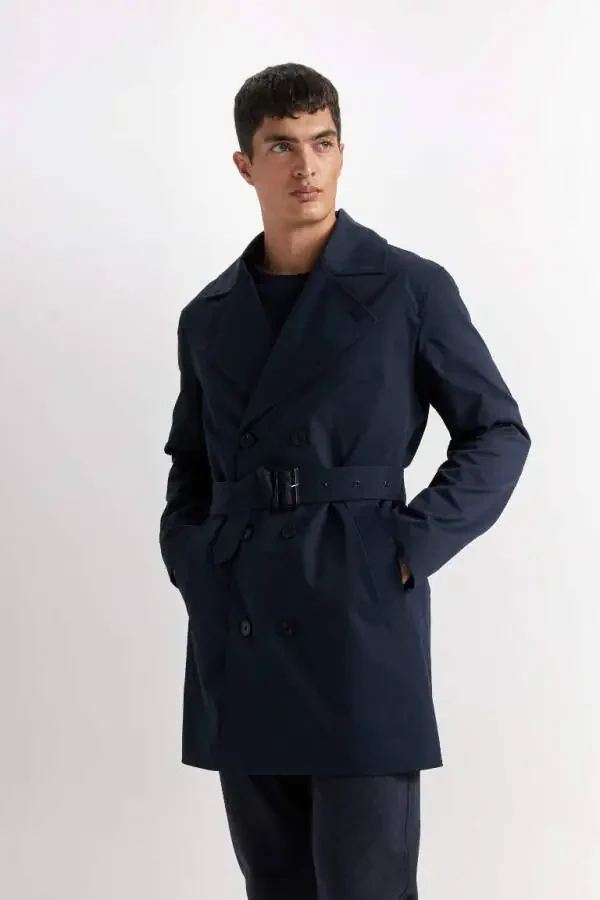 Slim Fit Buttoned Belted Trench Coat - Navy Blue - 6