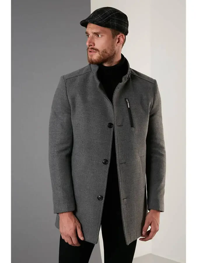 Slim Fit Buttoned Collar Cashmere Coat 5840099 - 1