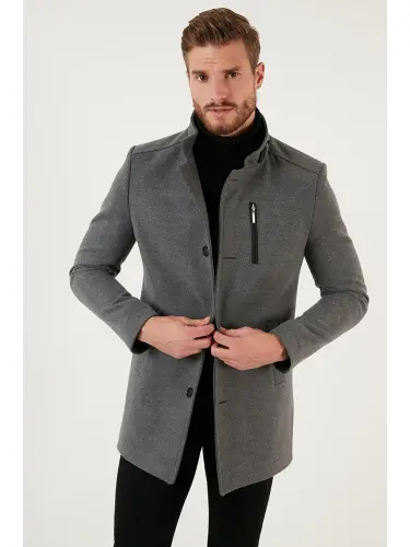Slim Fit Buttoned Collar Cashmere Coat 5840099 - 4