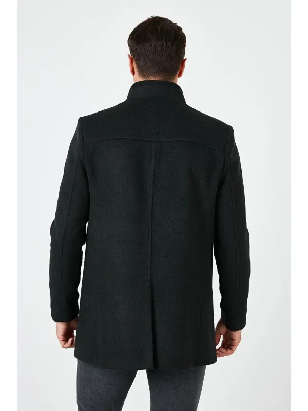 Slim Fit Buttoned Stand-Up Collar Men's Wool Blend Coat 5840099-Anthracite - 5