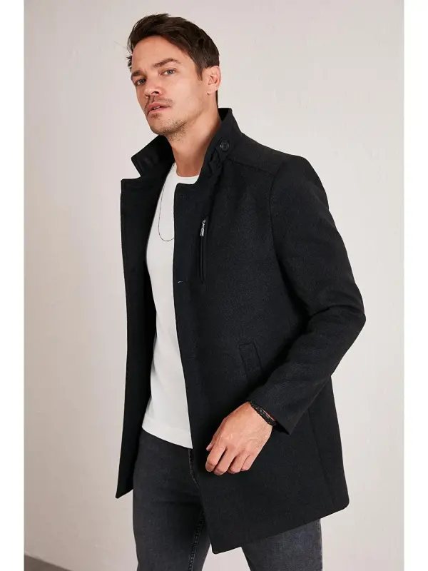 Slim Fit Buttoned Stand-Up Collar Men's Wool Blend Coat 5840099-Anthracite - 1