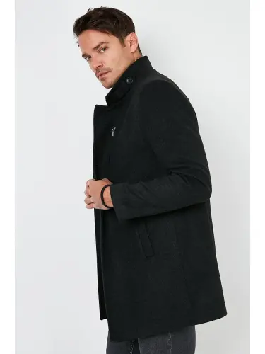 Slim Fit Buttoned Stand-Up Collar Men's Wool Blend Coat 5840099-Anthracite - 3