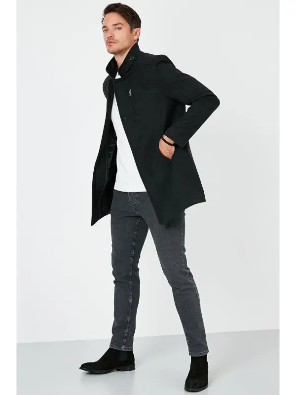 Slim Fit Buttoned Stand-Up Collar Men's Wool Blend Coat 5840099-Anthracite - 4