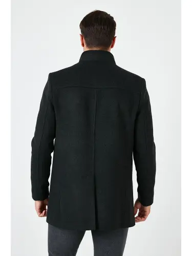 Slim Fit Buttoned Stand-Up Collar Men's Wool Blend Coat 5840099-Anthracite - 5