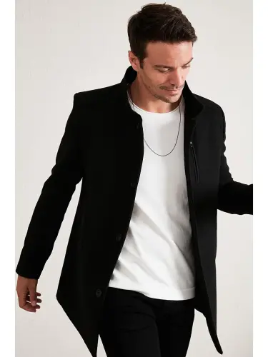 Slim Fit Buttoned Stand-Up Collar Men's Wool Coat 5840099-Black - LC WAIKIKI (1)