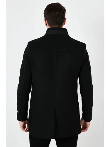 Slim Fit Buttoned Stand-Up Collar Men's Wool Coat 5840099-Black - 5