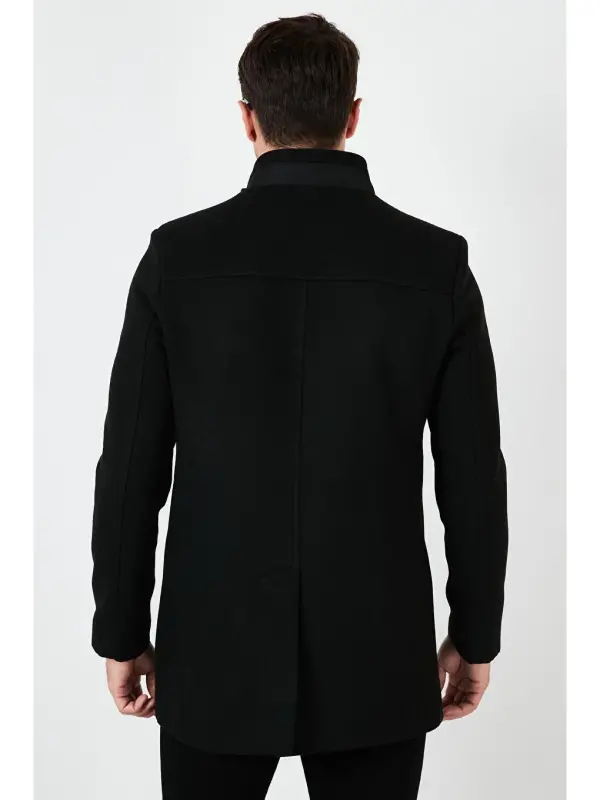 Slim Fit Buttoned Stand-Up Collar Men's Wool Coat 5840099-Black - 5