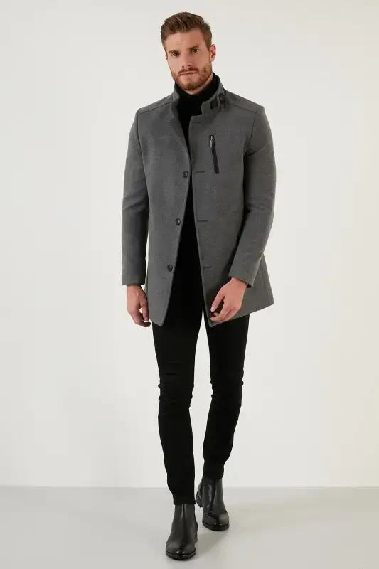 Slim Fit Buttoned Stand-Up Collar Wool Blend Coat Men's Coat 5840099-LIGHT GRAY - 3