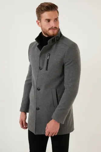 Slim Fit Buttoned Stand-Up Collar Wool Blend Coat Men's Coat 5840099-LIGHT GRAY - 4