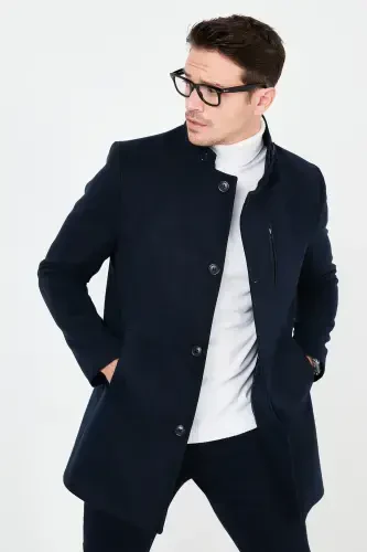Slim Fit Buttoned Stand-Up Collar Wool Blend Coat Men's Coat 5840099-NAVY - 3